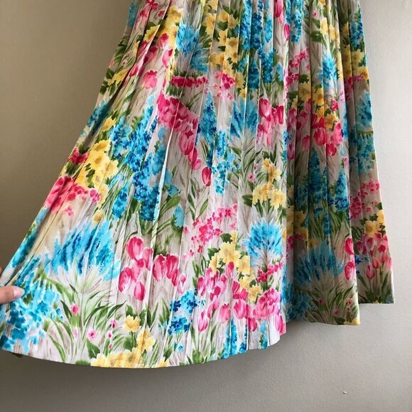 Alfred Dunner Vintage Preppy Pleated Floral High Waist Mini Skirt Cream - Picture 5 of 11